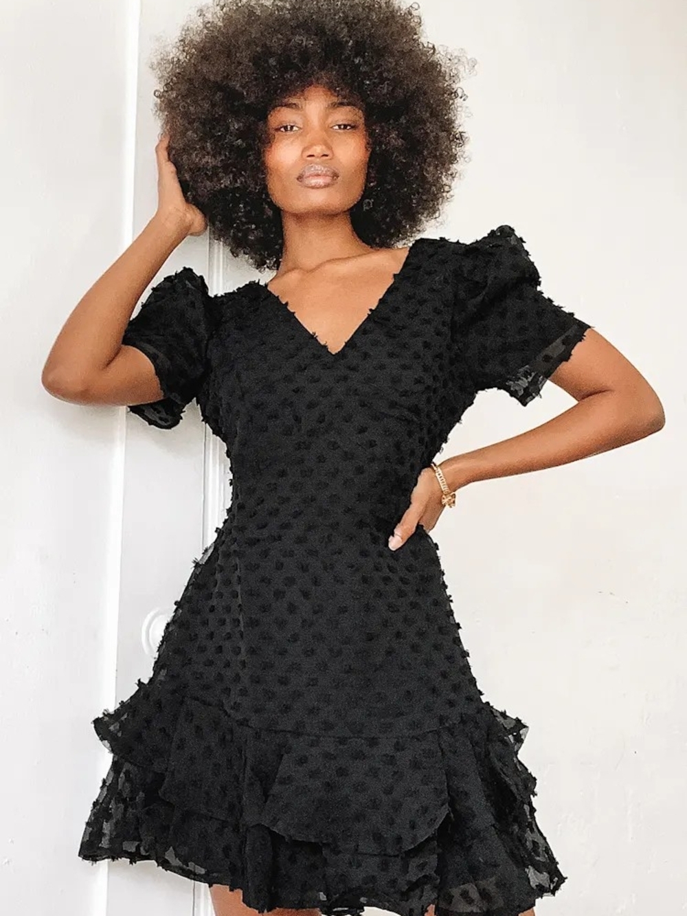 Black Textured V-Neck Ruffle Mini Dress